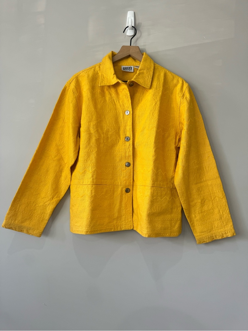 Chico’s Design Embroidered Yellow Denim Cotton blazer Jacket Size Large
